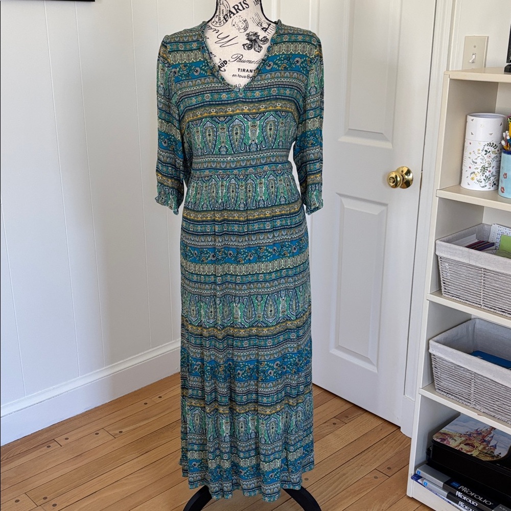 J. Jill Voyager Paisley Teal Green Blue Maxi Dress Small